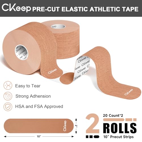 Image of CKeep Kinesiology Tape, 2 Rolls 2 Inch Wide Elastic Precut Strips, Beige | Cotton Latex Free Hypoallergenic Breathable Athletic Tape, Sticky & Waterproof Kinetic Tape for Joint Support Injury & Sprain
