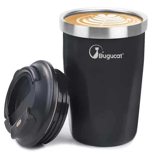 Bugucat Taza de Café Térmica 400 ml - Taza Termo Café Para Llevar Pequeño, Taza Portátil a Prueba de Fugas para Bebidas Calientes y Frías, Negro