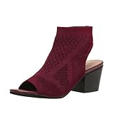 ZBYY Women's Knit Chunky Block High Heels Slingback Cut Out Peep Toe Chunky Stacked Heel Ankle Booties, Wine, 9