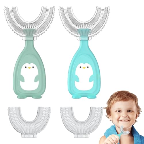 2 Piezas Cepillo de Dientes para Niños, Cepillo de Dientes en Forma de U, Cerdas de Silicona Suaves para Uso Alimenticio, Limpieza Dental con 2 Piezas de Cabezales de Cepillo de Repuesto