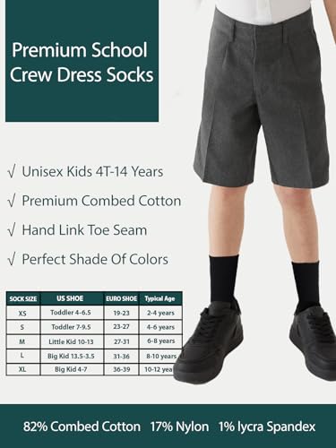 Image of COTTON DAY Unisex Kids Youth Boys Girls Soft Cotton School Crew Dress Socks Seamless Toe Black White Gray Navy 6 Pack