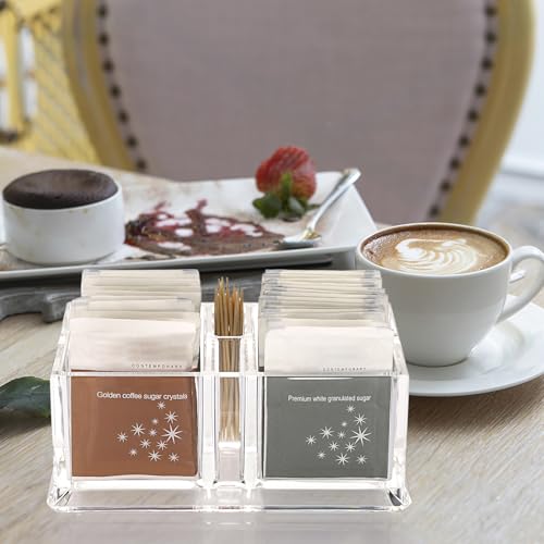 ELLDOO Sugar Packet Holder, Acrylic Sugar Bowl for Restaurant, Tea Bag Organizer, Coffee Stirrers Straws Small Condiments Packet Holder, Sugar Caddy Dispenser for Countertop Coffee Bar