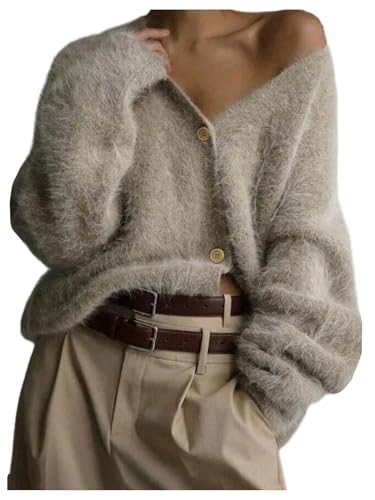 Verdusa Women's Fuzzy Furry Button Front Off The Shoulder Cardigan
