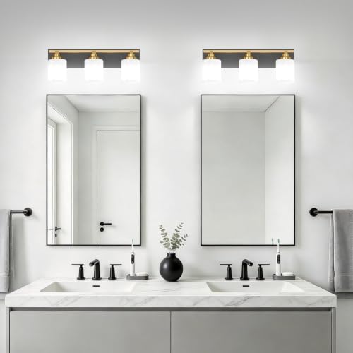 Image of Modern Bathroom Lighting Fixtures Over Mirror, Vanity Lights for Bathroom, Wall Sconces with Milky White Glass Shades, E26 Ceramic Socket, 3-Light 20-inch Black and Gold