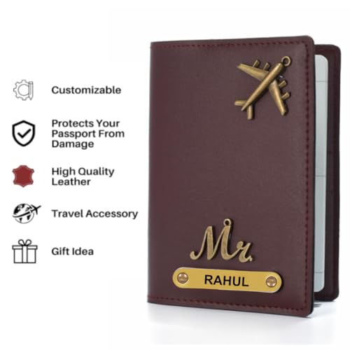 Image of ncgifts Personalised Leather Passport Holder with Custom Name & Charm - Handcrafted Travel Wallet Cover for Men & Women - Brown Genuine Leather Gift Set