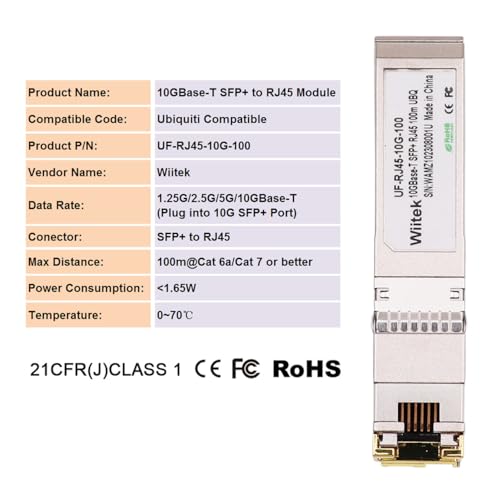 Image of 100 Meters, 10Gb SFP+ to RJ45 Modules, 1G /2.5G /5G /10GBase-T Ethernet Copper to SFP+ Transceiver for Ubiquiti UF-RJ45-10G, Plugin 10Gb SFP+ Port, Very Low Power Consumption