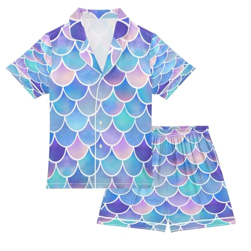 ALAZA Color Mermaid Fish Scale Satin Pajamas Set Short Sleeve Button Down Sleepwear Summer Pjs 2 Piece