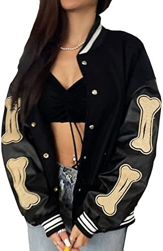 Eaktool Windbreaker Jacket Women, Winter Jackets for Women Womans Down Jacket Plaid Coat 's Vintage Varsit Jacket Long Sleeve Oversized Coats Letter Print Baseball Jacket (L, Black)