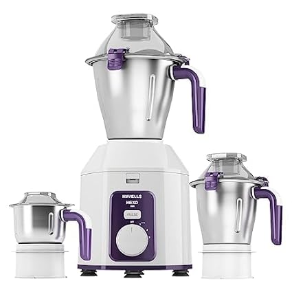 havells Hexo 1000 watts 3 Jar Mixer Grinder I 2.5 Kg Double Ball Bearing Copper Motor I 22000 RPM I 100 Minutes Run Time I Metal Teeth Coupler & Jar Base I Polycarbonate Jar Lids with Lock White
