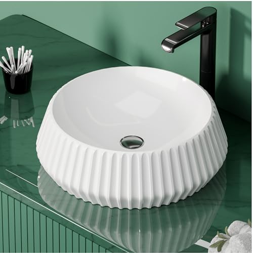 BASSINO 16x16x5.5 Inches Round Designer Ceramic Wash Basin/10 Years Glazing Warranty/White Fluted Table Top-Above Counter Basin for Modern Bathroom Vanity, Hotel, Restaurants/Stylish Sink Bowl(Glossy)