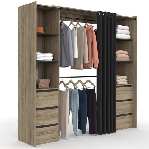 IDMarket - Dressing extensible double MERYL 120/180 cm hêtre avec 6 tiroirs + étagères + double penderie + rideau noir