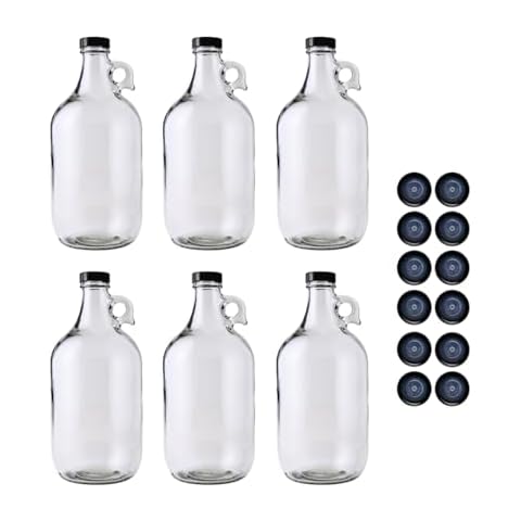 FastRack 64 oz Growler, 1/2 Gallon Glass Beer Growler with 18 Polyseal caps (Case of 6), Half Gallon Glass Jug, Clear Growlers for Beer Cover