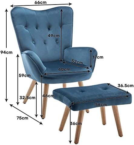 HollyHOME Armchair Living Room Chair, Velvet Accent Chair with Footstool Lounge Leisure Chairs, Reading Chair Bedroom Chair, Blue