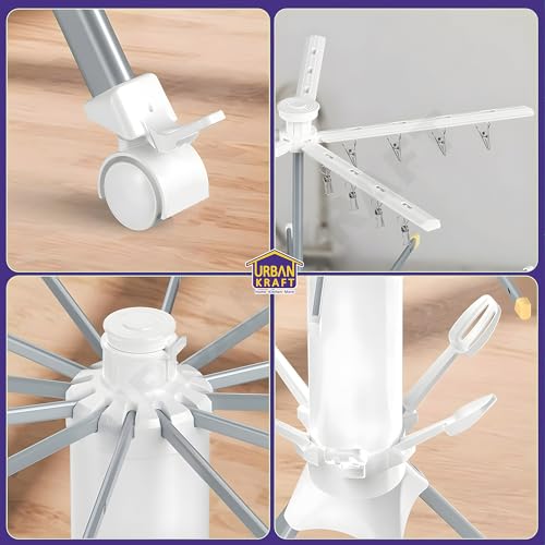 Image of URBAN KRAFT Octopus Foldable Rotating Cloth Drying Rack, 360 Multi-Layer Laundry Stand with Lockable Wheels, 4 Pulleys 20 Clips 6 Shoe Dryers Rods for Indoor /Outdoor Camping Poolside Space Saving