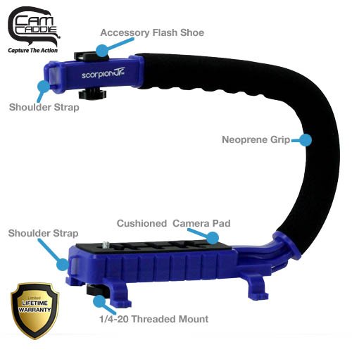 Cam Caddie Scorpion Jr. Limited Edition Collapsible Stabilizing Camera/Smartphone Handle w/Hot Shoe Mount - Blue - Thumbnail 4