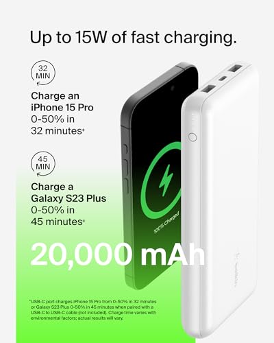 Image of Belkin 20000 mAh Power Bank | Super Fast Charging | USB-C PD Port | 15W Charging for iPhone Series (16, 16 Pro Max), Samsung Galaxy, Google Pixel & More | 2 Years Warranty | White