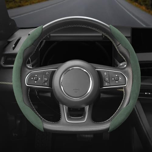 Hogisay Suede Thin Car Steering Wheel Cover, 2 Piece, Suitable for Round and D Shaped Steering Wheels, Green