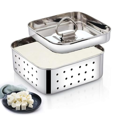 Image of PRANIJ Stainless Steel Homemade Paneer & Tofu Maker Mould with Drainer Plate and Lid | Square Paneer Sprout Maker - 750 ML (Large, Easy to Clean)