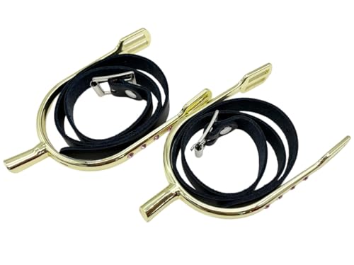 QualiTime English Equestrian Riding Spurs with Straps for Women, Zinc Alloy Chrome Plated Bumper Spurs, Prince of Wales Spurs with Rhinestone, 1 Pair (Leather Straps, Golden)