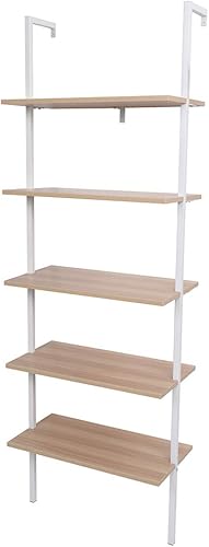 Miniatura 9 de Estante de escalera para montaje en pared, estantería de escalera de 5 niveles con estante de madera y marco de metal, estantes altos modernos de