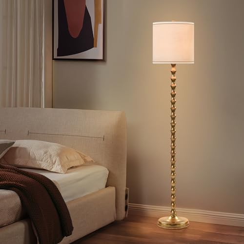 Image of HGNPJC LED Floor Lamp 3-Way Dimmable Farmhouse Standing Lamp Heavy Base Floor Lamp with White Linen Lampshade Tall Pole Reading Lamp Corner Light for Living Room Bedroom Study Room (Black)