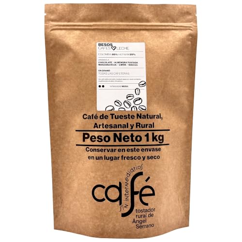 CAFÉ SIN INTERMEDIARIOS - Café de Colombia y Vietnam - Besos - Ideal para combinar con leche - Intensidad de sabor Media - Recién tostado y envasado - 1 kg en GRANO para Todas las cafeteras