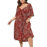 SCOMCHIC Vestido de verão plus size, casual, manga curta, gravata borboleta, decote V profundo, abotoado, midi rodado, vestidos boho, Floral vermelho, 3G