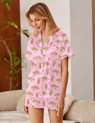 Image of Ekouaer Silk Satin Pajamas 2 Piece Pajamas for Women Set Button Down PJ Short Sleeve and Shorts Pjs Lounge Sets