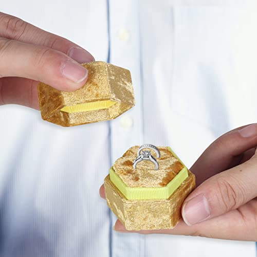 Hujox Velvet Ring Box, Double Slots Hexagon Jewelry Ring Case Boxes With Detachable Lid For Proposal Engagement Wedding Ceremony Gift (Yellow) #TOP5