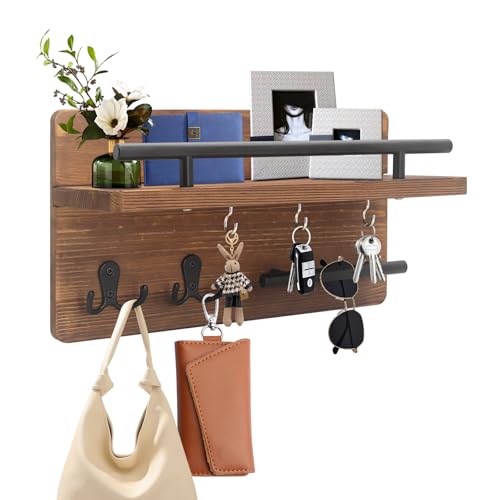 Beowanzk Wall Mounted Key Holder, Key Holder for Wall with 5 Hooks, Key Rack with Wooden Mail Holder for Entrance Halls, Passageway Entrances, Offices and Bedrooms, Woodgrain Brown Colour