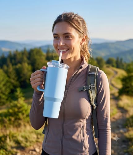 Image of Reusable Plastic Tumbler with Handle and Straw 1800ML Blue
