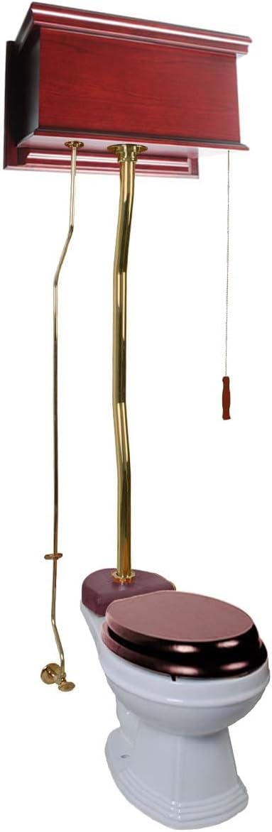 Cherry Wood Finish High Tank Pull Chain Toilet Wooden Flat Tank Elongated Top Entry White Porcelain Bowl And Brass Z Pipes Adjustable Height 59"- 74" With Hardware Renovators Supply Manufacturing