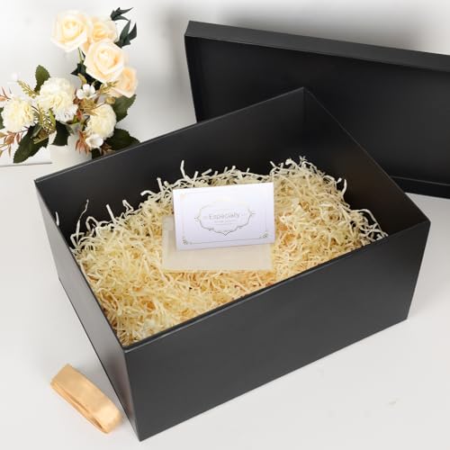 Geschenkbox Set, Schwarz Geschenkboxen mit Deckel 38 x 28 x 19 cm Groß Geschenkbox mit Schleife Geschreddertes Seidenpapier Grußkarten für Weihnachten Geburtstag Hochzeitstag