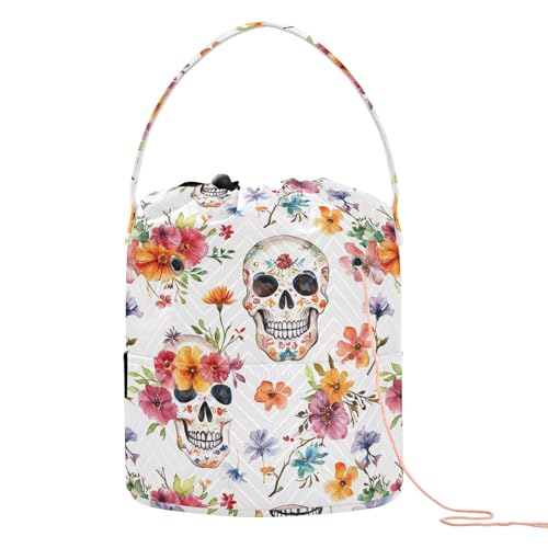 Yarn Storage Bag Small Crochet Bag Knitting Bag Organizer Skull Orange Flower Yarn Bags for Crocheting Basket