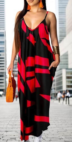 Image of Women's Casual Summer Maxi Dresses Sleeveless Adjustable Spaghetti Strap Loose Plus Size Dresses