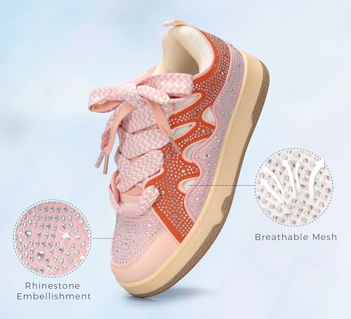 Image of LUCKY STEP Women Sparkle Rhinestone Fashion Sneakers | Walking Tennis Bling Glitter Shoes Platform Lace up Casual Mesh Sneaker