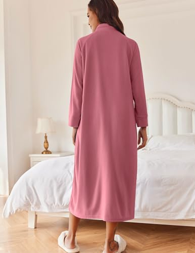Image of Ekouaer Women Zipper Robe Long Sleeves House Coat Soft Bathrobe Sleepwear with Pockets Housecoat Loungewear Red Small
