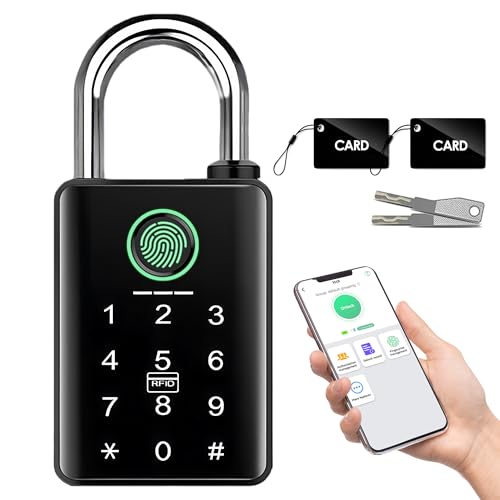 YINTIN Heavy Duty Fingerprint Smart Padlock with Key 6-in-1 Keyless Entry Lock with Code Keypad Tuya App RFID Digital Combination Lock for Outdoor Gate Fence Shed Pool Storage Unit Locker