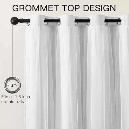Image of XiDi 100% Blackout White Curtains with Sheer Overlay 84 Inches Long Double Layer Curtains for Living Room Girls Kids Bedroom Light Blocking Thermal Insulated Drapes Grommet Set of 2 White 34W x 84L