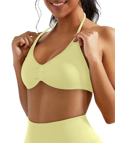 Image of OMKAGI Halter Sports Bras for Women Padded Strappy Bra Open Back Workout Gym Crop