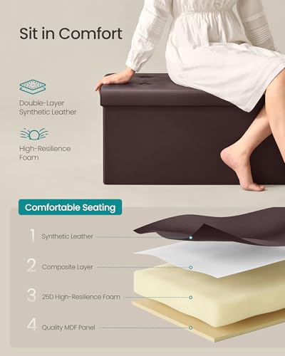 Image of SONGMICS MAZIE Collection - 30 Inches Folding Storage Ottoman Bench, Ottoman with Storage, Foot Rest Stool, Load 660 lb, for Living Room, Synthetic Leather, Brown ULSF40Z