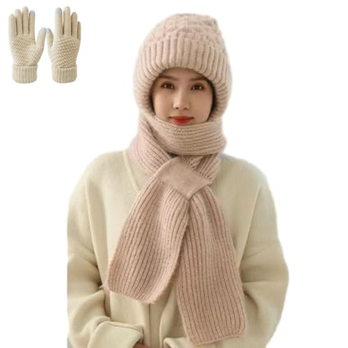 Winter Versatile Knitted Hooded Scarf for Women, Hat Scarf All-in-one Warm Windproof Fleece Cycling Protection Ear Cap