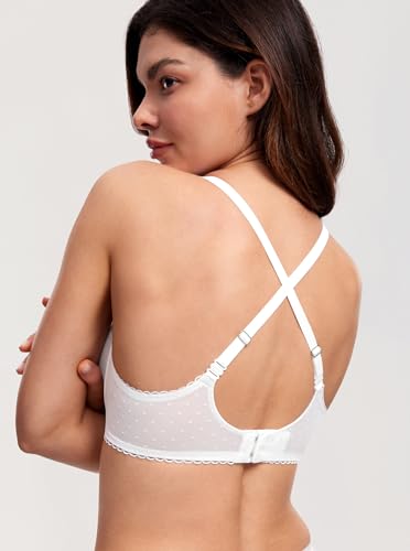 Image of DOBREVA Women's Sheer Mesh Demi Bra Underwire Balconette | Dotted Mesh, Lace Trim, See Through, Plus Size, Smooth, Soft