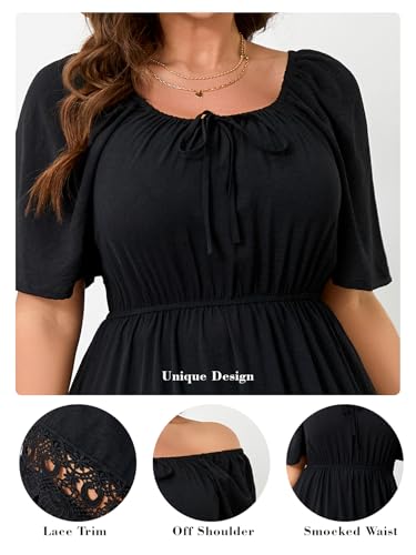 Image of RWJ Women's Plus Size Maxi Dress Short Sleeve Square Neck Flowy A-Line Lace Trim Flutter Party Casual Off Shoulder Dresses