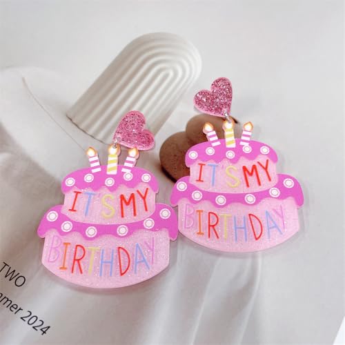 Cute Heart Birthday Cake Dangle Drop Earrings for Women Pink Glitter Acrylic It's My Birthday Letter Colorful Lightweight Statement Dangling Hanging Sweet Celebration Holiday Party Y2k Jewelry4