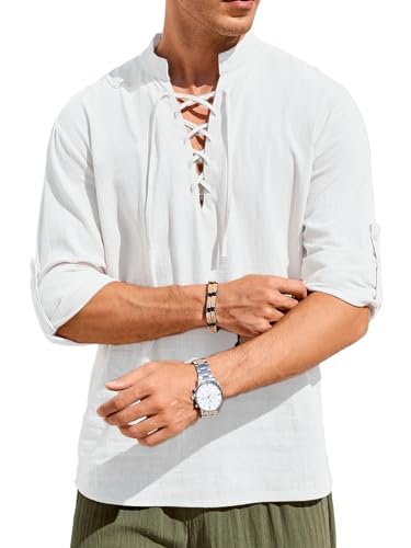 YZEDYIU Men's Long Sleeve Shirts Retro Style Lace up for Medieval,Viking,Hippie Halloween Cosplay Pirate Renaissance Costume White