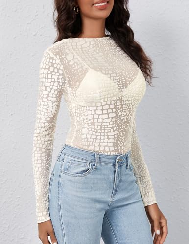 MEROKEETY Womens Mesh Sheer Lace Long Sleeve Tops 2026 See Through Mock Neck Shirt Fashion Blouses Date Night Outfit Clothes, Leopard White, X-Large — view 4