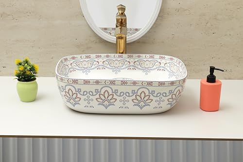 Image of Moroccan Design Ceramic Tabletop Wash Basin | Countertop Vessel Sink | Wash Basin over counter For Bathroom Hotel Home (18x13x5.5 Inch) (TORO 4014) (Moroccan Design 108)