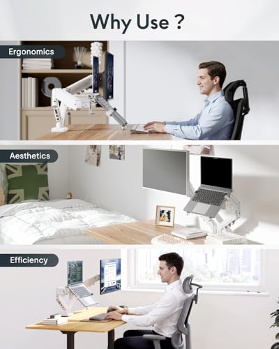 Image of FlexiSpot Laptop Mount, Dual Monitor Arm with Laptop Tray, Fits Up to 32 Inch Monitor and 17.3 Inch Notebook, Full Adjustable Gas Spring Holds up to 19.84lbs per Arm for Office & Home, White