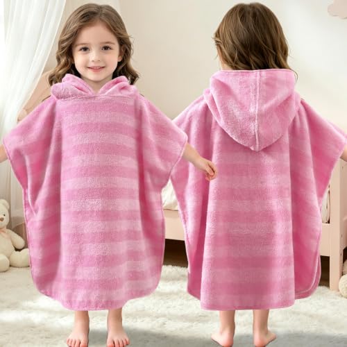 VOOVA & MOVAS Toddler Poncho Towel 1-3Y,100% Cotton,Jacquard Pink Stripe